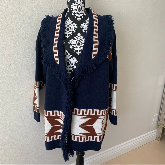 COCOGIO Tribal Cardigan Sweater Small Long Open Front Fringe Italy NWT *New*. - Picture 1 of 8